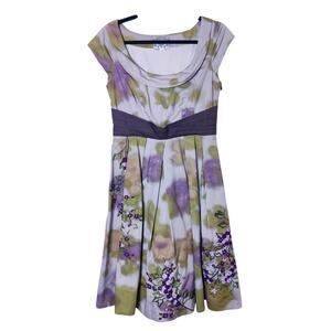 Floreat Anthropologie Travessia Embroidered Floral Purple Fit & Flare Dress Sz 4